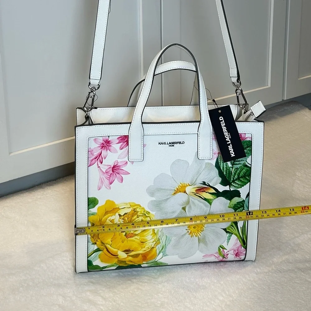 *New* Karl Lagerfeld Paris Floral Printed Tote Bag White Sunflower - Picture 16 of 17